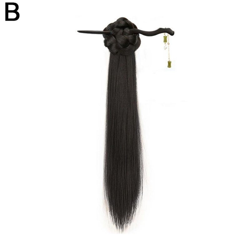 New Chinese style braided ponytail wig for women, ancient style, flower bun hair clip, Hanfu cheongsam braided side tie hairpin braided ponytail